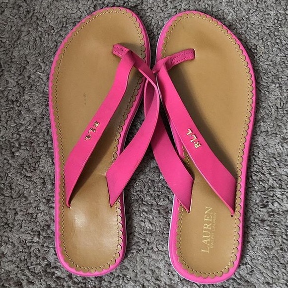 pink leather flip flops